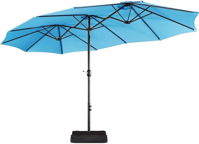 Yaheetech 15 ft Triple-size Patio Umbrella w/Base Included - Market Extra-Large Double Sided Umbrella - Twin-size Patio Parasol w/Easy Crank & 12 Strong Ribs & Ventilation Openings,Sky Blue