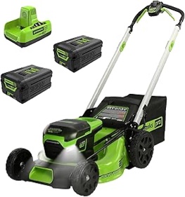 Greenworks 60V 21” Cordless (Self-Propelled) Lawn Mower (LED Lights + Aluminum Handles), 2 x 4.0Ah Batteries and Dual Port Rapid Charger