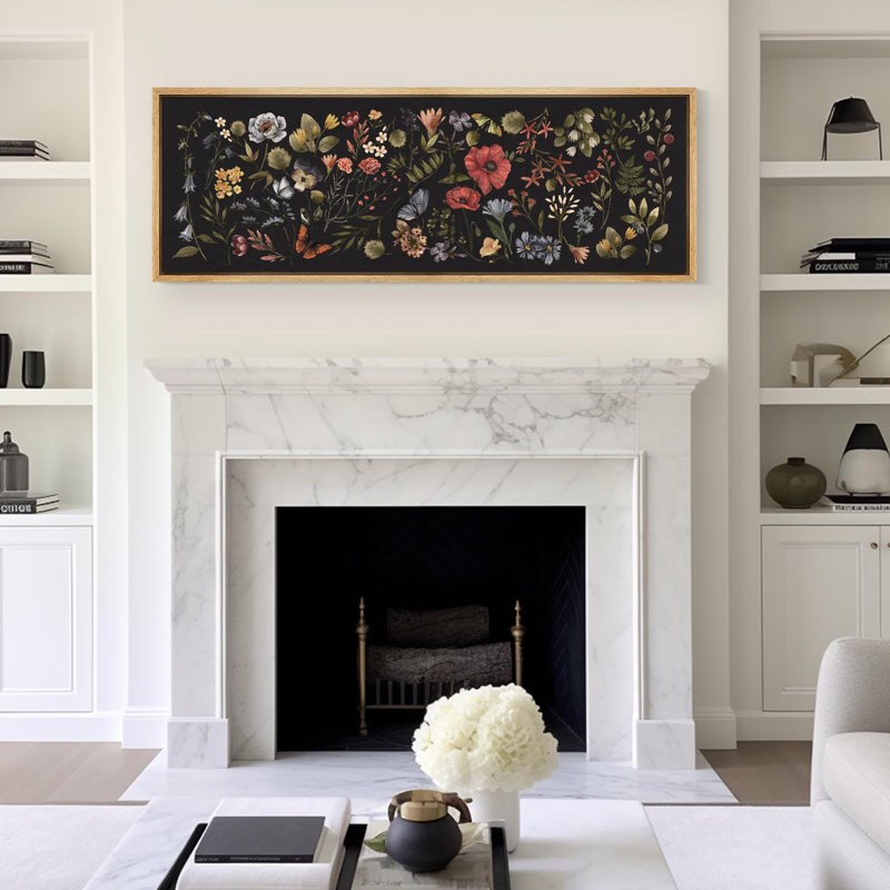 Vibrant Wildflower Nocturnal Meadow Wildflower Silhouette Rustic Retro Framed On Canvas Print