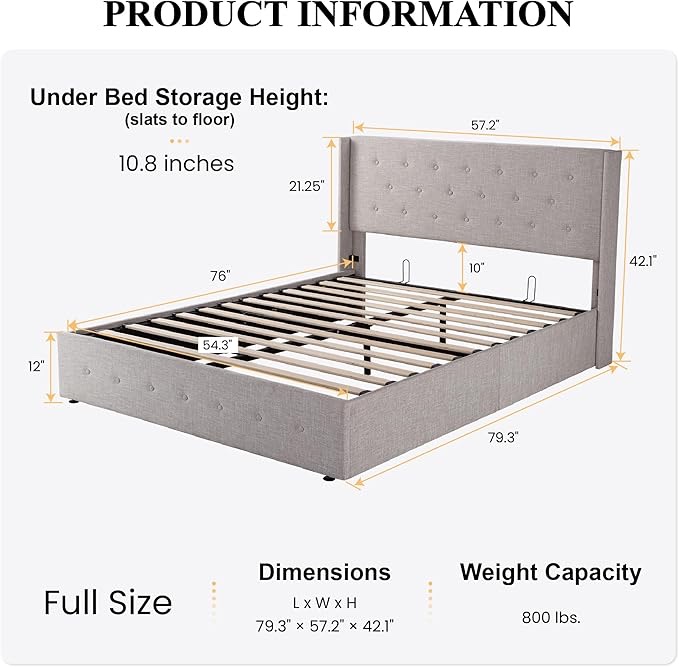 SHA CERLIN Full Size Lift Up Storage Bed/Button Tufted Wingback Headboard/Hydraulic Storage/Upholstered Platform Bed Frame/No Box Spring Needed/Wood Slats Support/Light Beige