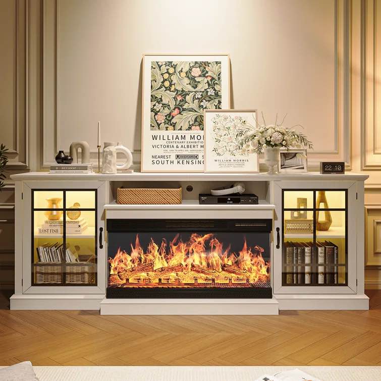 (incomplete box 1 of 2) 70" Farmhouse TV Stand for TVs Up To 80" with Electric Fireplace and Glass Cabinet