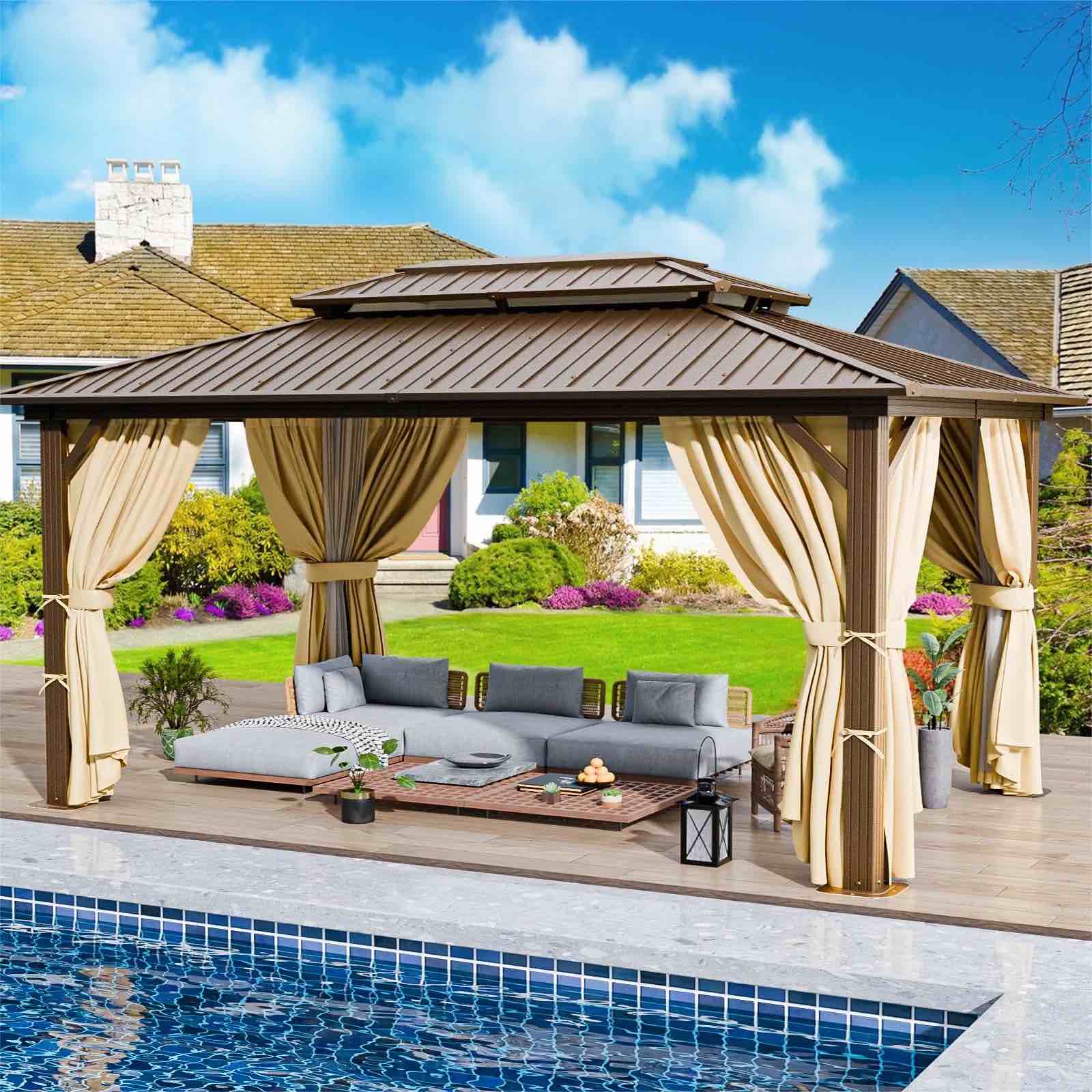 (incomplete)( box 7of 7)SANOPY 10'x12' Hardtop Gazebo Heavy Duty Outdoor Patio Gazebo with Netting and Curtains Deck Backyard UV Resistant Waterproof Metal Roof for Garden, Party, Yard