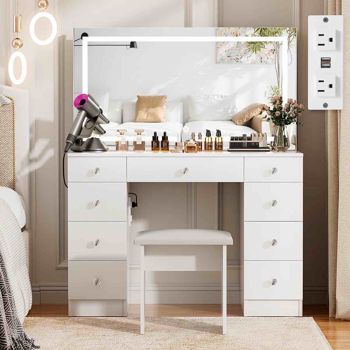 vanity set with led mirror & power outlets 9 drawers 