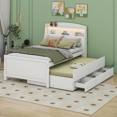 (incomplete)Wooden LED Platform Bed With Trundle, With Storage Headboard, With Drawers Size: Twin, Color: White