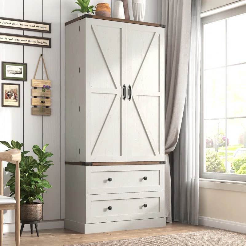 71" Farmhouse Kitchen Pantry Cabinet, Versatile Large Rustic Cabinet with 2 Barn Doors, 2 Drawers and 8 Hanging Shelves, Adjustable Shelves, Storage Cabinet for Kitchen, Dining Room, Antique White Finish: White