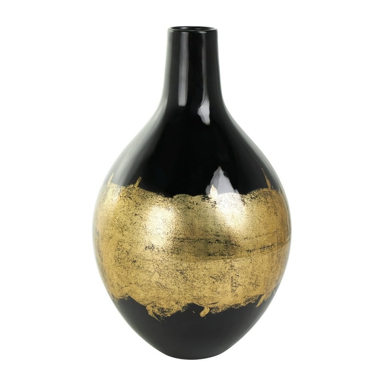 13" Abstract Black Metal Vase with Gold Detailing