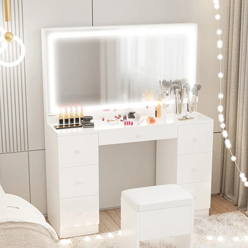 makeup vanity desk with led light & power outlet & 7 draw