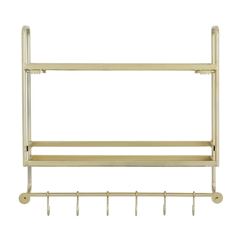 CosmoLiving by Cosmopolitan 20" x 5" 2-Tier Gold Wall Shelf with Hooks
