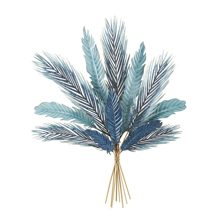 DecMode Blue Metal Bundle Leaf Wall Decor with Gold Stems