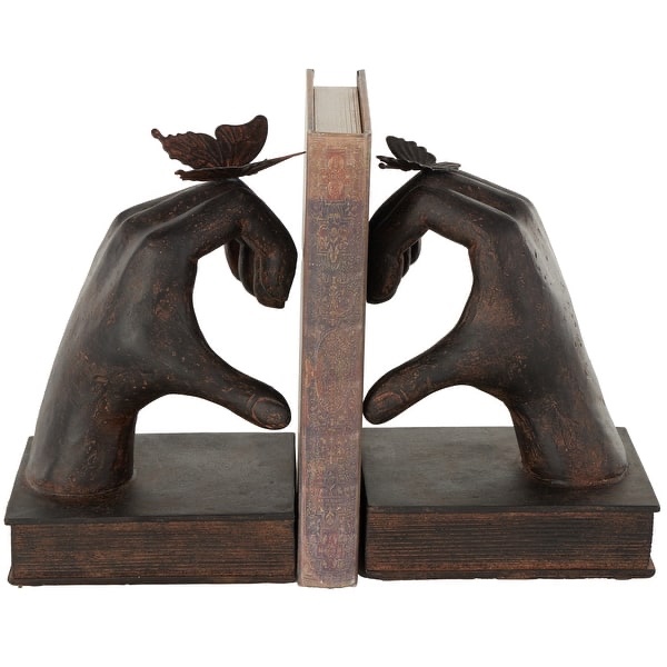 (INCOMPLETE) Resin Hands Heart Inspired Decorative Bookends with Butterfly and Copper Accents - Set of 2 Dark Brown - Roche River Decor