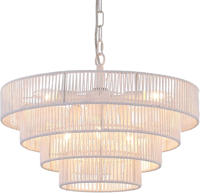 ELYCCUPA 6-Lights 20" Hand-Woven Rattan Pendant Light Coastal 4 Round Transitional Minimalist Boho Large Pendant Light, for Kitchen Island Dining Room Living Room Hallway, White, UL Listed