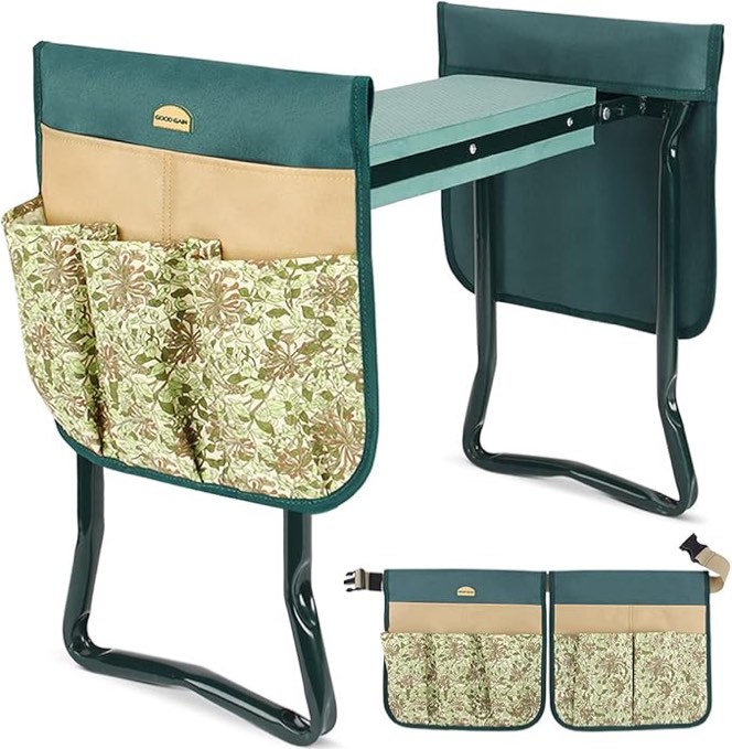 G GOOD GAIN Garden Kneeler Stool Seat,Foldable Garden Bench with Tools Bag Pouch,Thicken & Widen Soft EVA Foam Pad Outdoor Portable Kneeler Stool with Garden Apron Bags.Honey Honeysuck
