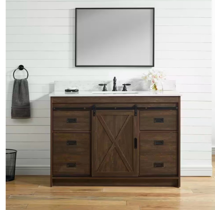 Rafter 48 in. W x 22 in. D Bath Vanity in Rustic Brown with Carrara White Engineered Stone Vanity Top with White Sink