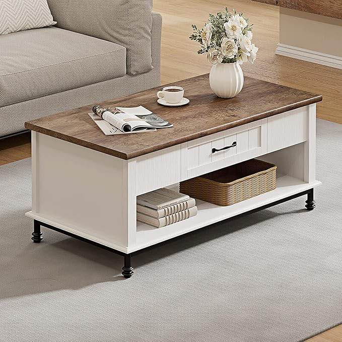 WAMPAT White Modern Farmhouse Coffee Table, Large Rectangle Center Table with 1 Drawer and Open Storage Shelf for Living Room, 42", White/Oak, Wood/Metal