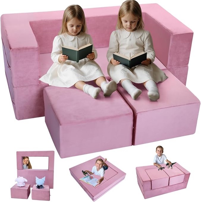 MeMoreCool Modular Kids Sofa,Toddler Play Couch Fold Out for Playroom, Pink Convertible Plush Foam Chair for Childrens