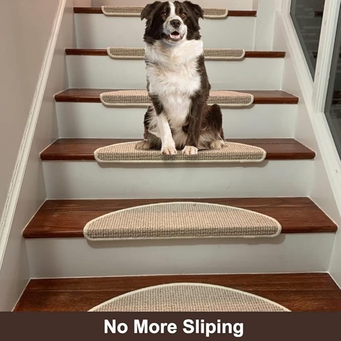 Qingbei Rina beige and brown Stair Tread Bullnose Carpet Non-Slip Indoor Durable Mat Self Adhesive Stair Protectors for Dogs and Kids Set of 13 Modern Step Cover for Hard Floor Staircase(9.5 x 26inch)