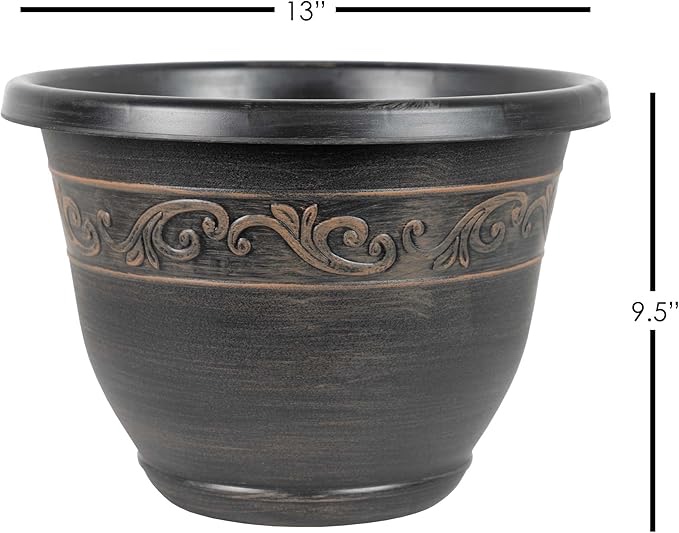 Garden Elements Indoor/Outdoor Plastic Tulip Banded Round Flower Pot Planter, Toffee Brown 