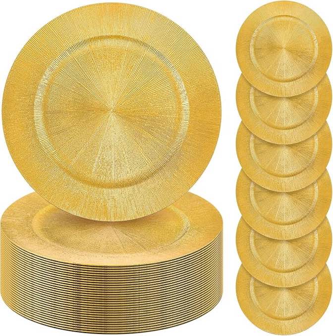 Tanlade 50 Pcs Charger Plates Bulk, 13 Inch Round Charger Plates Plastic Wedding Dinner Elegant Reusable Chargers Plates for Table Setting Wedding Party Event Tabletop Setting Decor (Glitter Gold