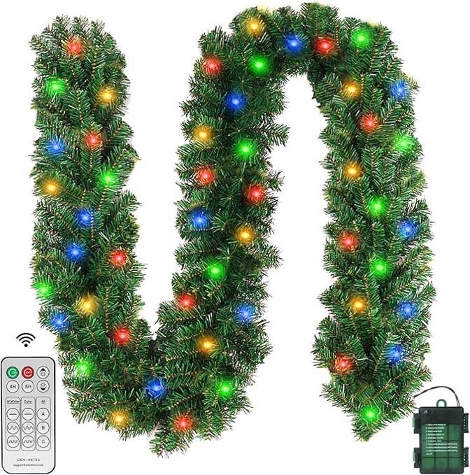 hotop 4 pack 9ft bulk prelit christmas garland with lights,100 led battery operated artificial garland with vines poinsettia pinecones christmas balls for indoor outdoor xmas holiday door(green)