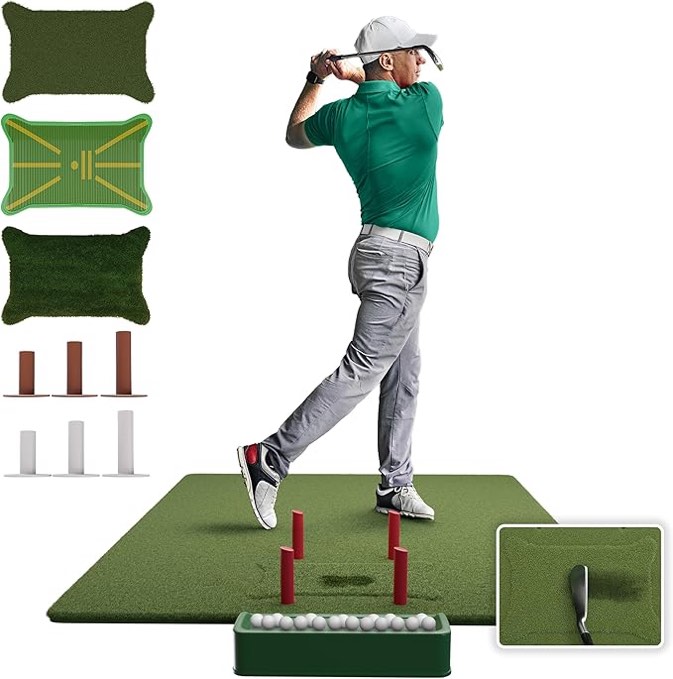 Golf Mat with 3 Interchangeable Mat Inserts, Golf Hitting Mat Indoor, Golf Mats Practice Outdoor, Golf Practice Mat, Driving & Chipping Mat, Golf Training Mat with Golf Ball Tray, Tee Pegs, Pylons