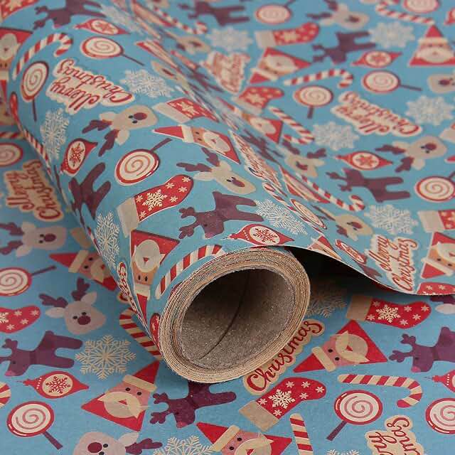 Aimyoo Blue Christmas Kraft Wrapping Paper Jumbo Roll 30 inch x 100 ft, Santa Stockings Candy Canes Deer Design, Kids Xmas Gift Wrap