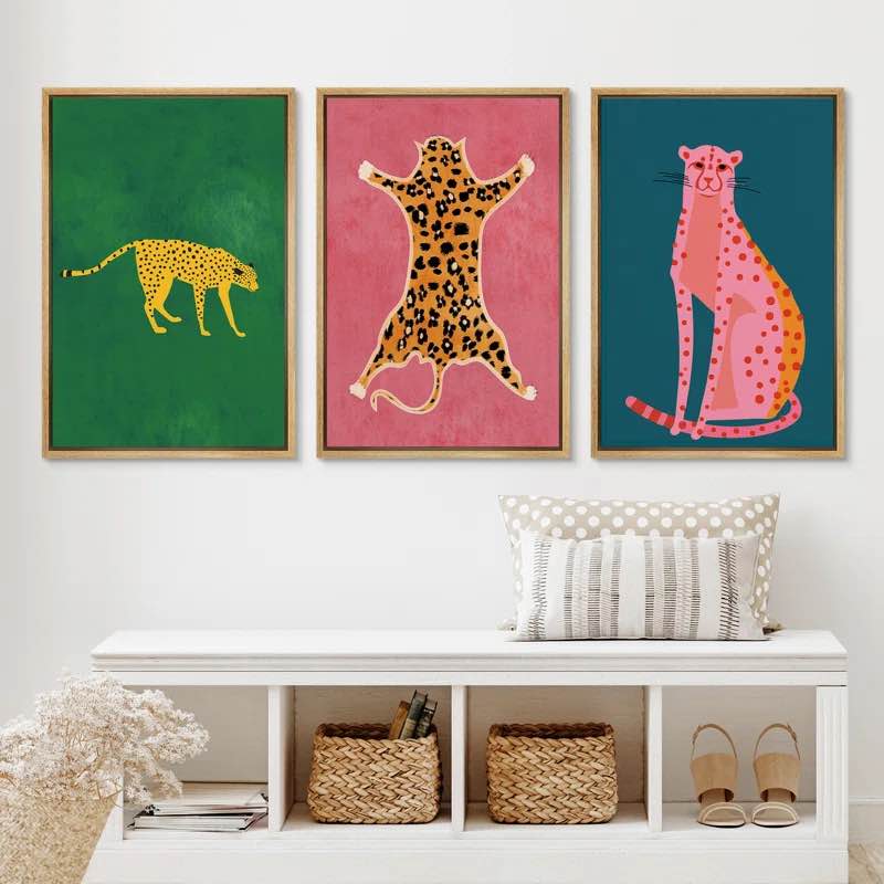 Bright Preppy Animals Vibrant Tiger Leopard Colorful Pictures Framed Canvas 3 Pieces Print Wall Art