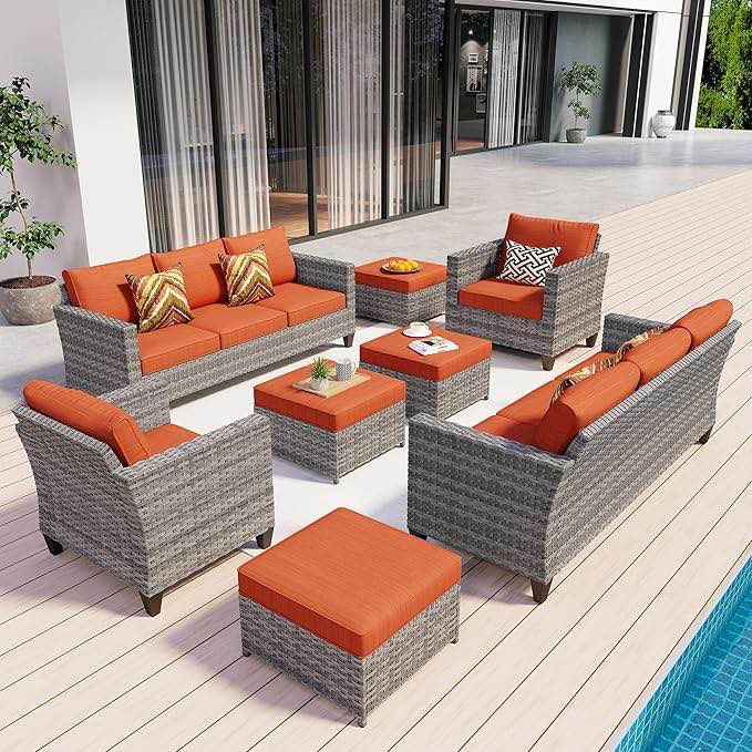 Incomplete HOOOWOOO Patio Furniture Set,8 Piece Outdoor Furniture Set,Wicker Patio Conversation Couch Chairs Ottoman Set,Orange Red