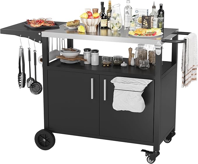 Vongrasig Grill Cart with Storage, Rolling Bar Cart Outdoor BBQ Cart Movable Pizza Oven Table Stand with Foldable Stainless Steel Top & Storage Cabinet, Wheels