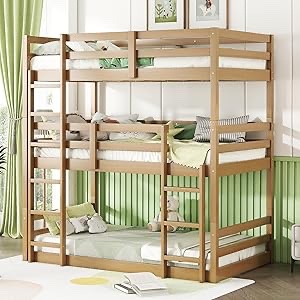 Incomplete Only Box 2/2 Twin Over Twin Over Twin Triple Bunk Bed with 2 Built-in Ladders and Guardrails, Wooden Triple Bunk Beds Frame for Kids Teens, Space Saving Design (White Oak)