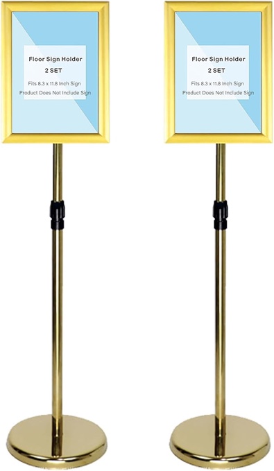 BAISALJI 2 Sets Heavy Duty Stainless Steel Sign holder Stand, Adjustable Height 8.5 x 11 Inch Vertical Horizontal Aluminum Snap Open Frame Floor Billboard Stand .(gold, A4)