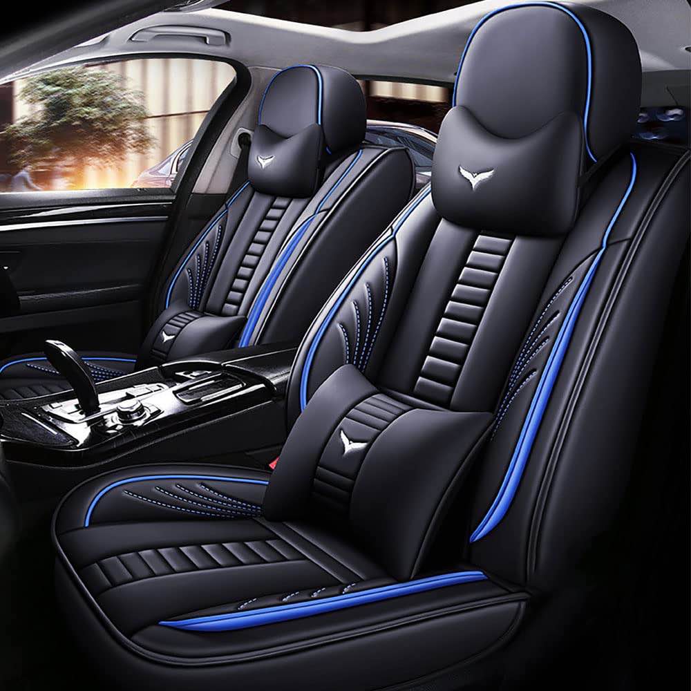 Full Set of Universal Fit Automotive Seat Covers fit for Volkswagen 1999-2025 95% Models, PU Leather Automobile Interior Sets with Headrest & Back Pillow Black & Red Line Black & blue Line Full Set with Pillow