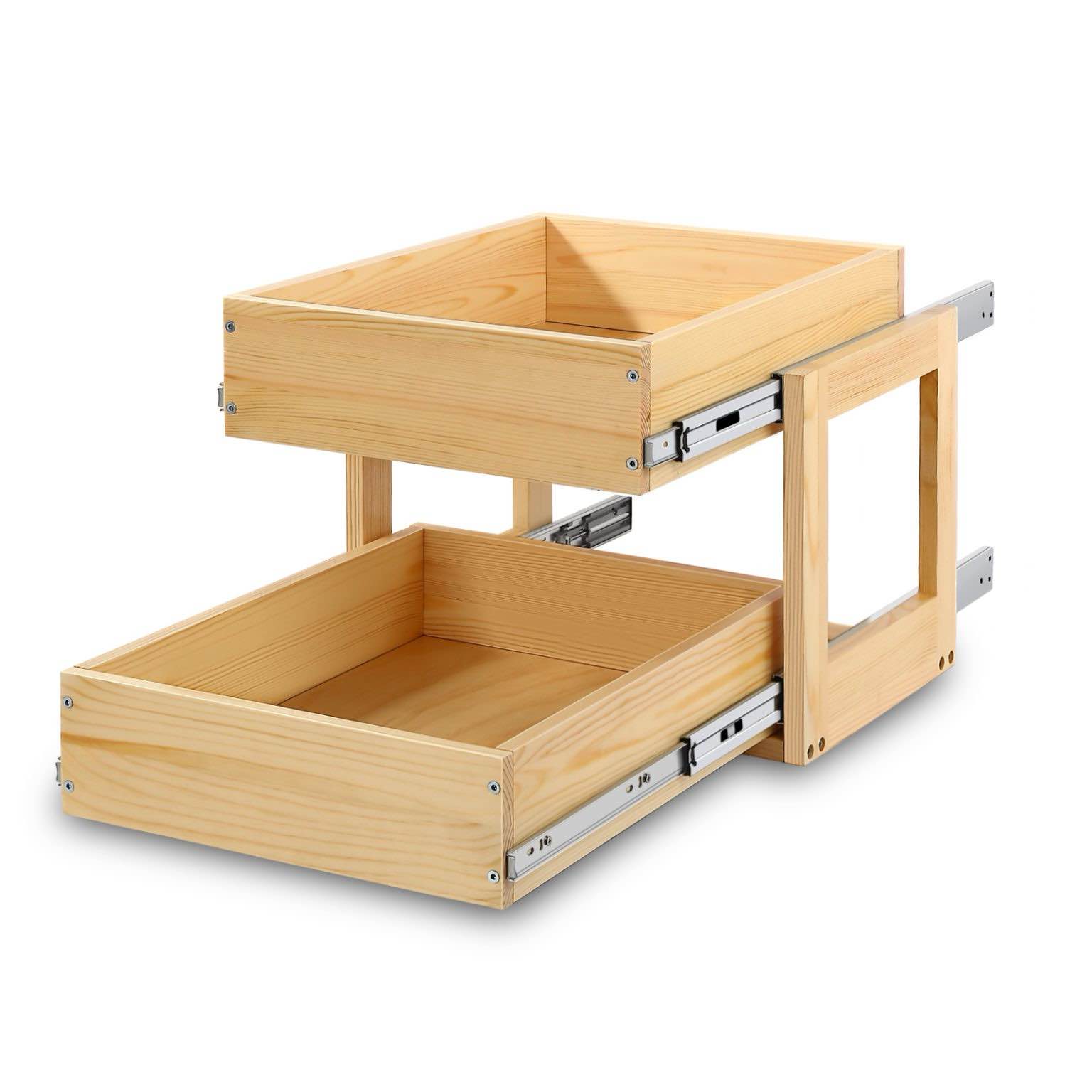 Mulush Pull Out Drawers For Cabinets, Soft Close Wood Shelves Storage Organizer for Kitchen, 2-Tier, Finished, Bottom Assembly