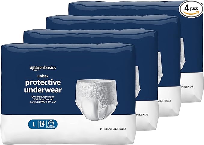 Amazon Basics Incontinence Underwear for Men and Women, Overnight Absorbency, Large, 56 Count, 4 Packs of 14 (Previously Solimo)