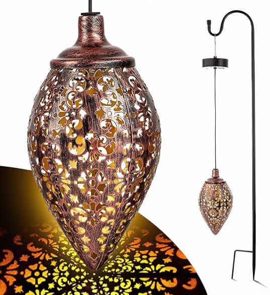 Solis Plus Outdoor Hanging Light -with Shepherd's Hook - Solar Lighting for Garden – with 8mm LED Décor Elegant Olive-Shaped Lights Renewable Energy Source