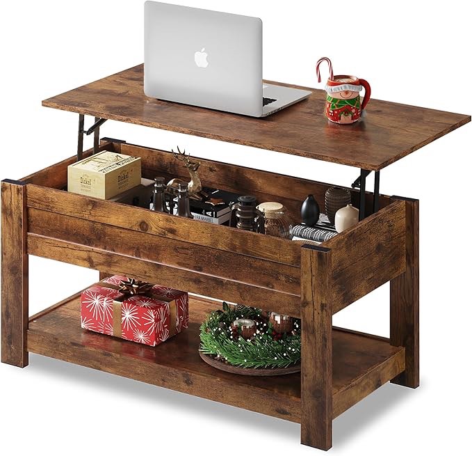 WLIVE Modern Lift Top Coffee Table,Rustic Coffee Table with Storage Shelf and Hidden Compartment,Wood Lift Tabletop for Home Living Room,Rustic Brown.