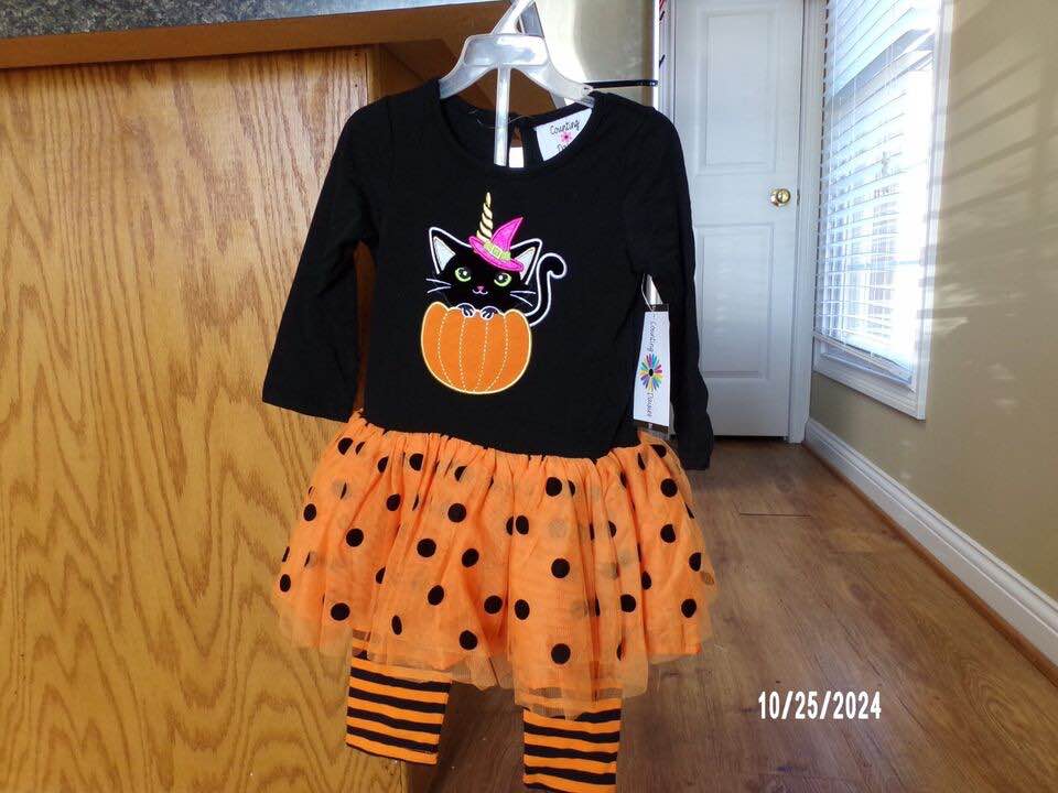 Counting Daisies Halloween Dress and Leggings Set, Cat Tutu Skirt Polka Dot, 4T
