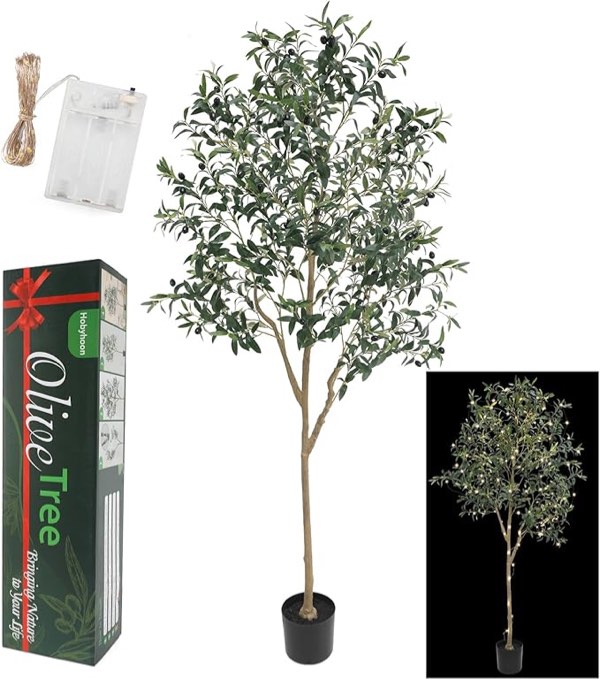 6FT Artificial Olive Tree (72") Tall, Faux Olive Tree Plants with Olive Branches and Fruits, Fake Potted Olive Silk Tree with LED String Lights for Modern Home Office Living Room Floor Decor Indoor