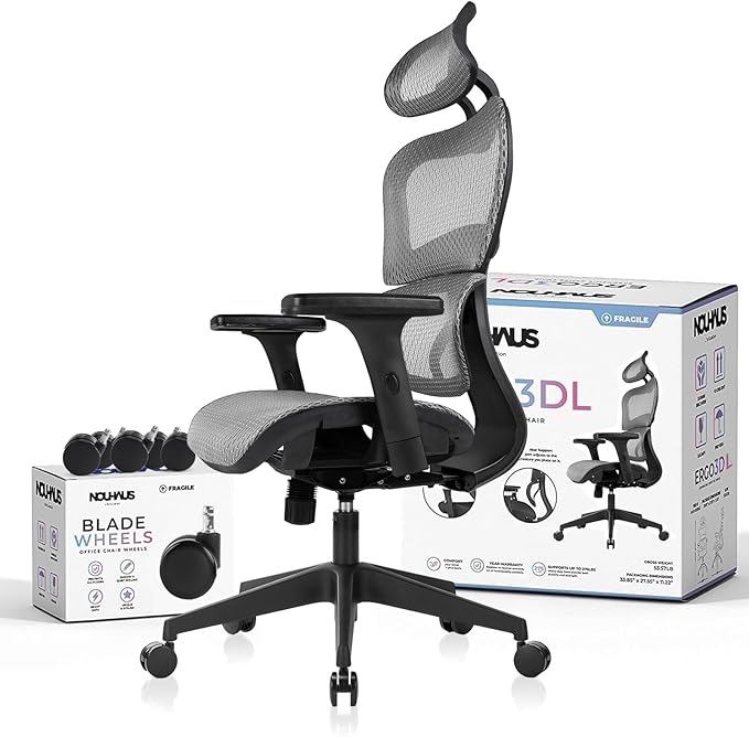 Nouhaus Ergo3dL Home Office Desk Computer Chairs Ergonomic Office Chair High-Back Mesh Rolling Work Chairs with Wheels and Adjustable Headrests Comfortable Lumbar Support Adjustable Armrests,Gray