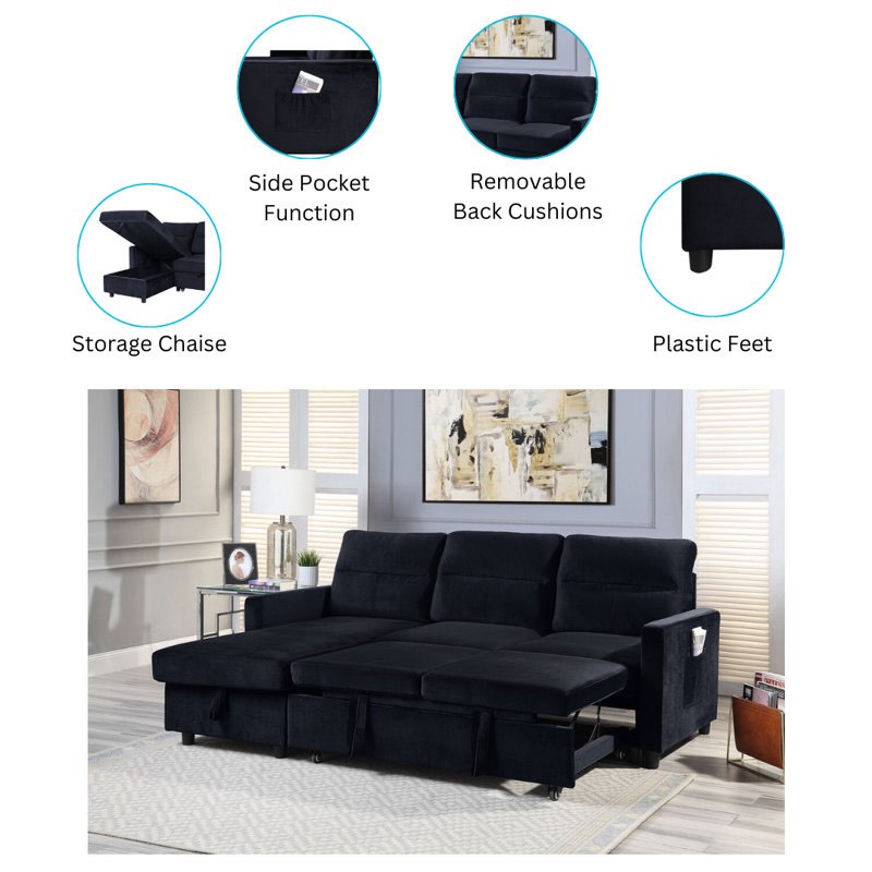Tro Black Velvet Reversible Sleeper Sectional Sofa with Storage Chaise and Side Pocket