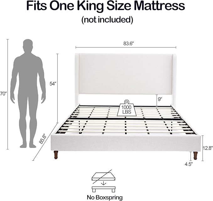 GDFStudio Tall Headboard Upholstered Bed,King Size Platform Bed Frame with Headboard Wingback,54" High No Box Spring Needed Easy Assembly Elegant..