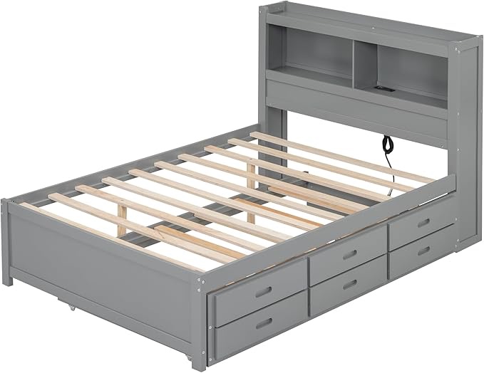 Full Bed Frame with Storage Headboard with Charging Station, Wood Captain Bed with Trundle and Drawers for Kids Boys Girls, Noise Free, No Box Spring Needed, Gray