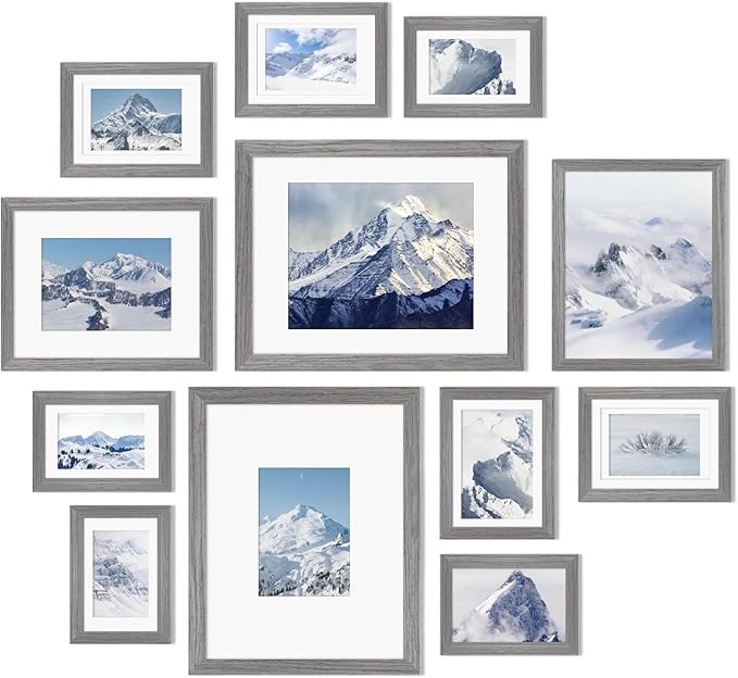Egofine Picture Frame Set 12 Pack, Picture Frames Collage Wall Decor with Two 11x14, Two 8x10, Four 5x7, Four 4x6 for Wall and Tabletop, Made of Solid Wood, Covered by Plexiglass, Oak Grey