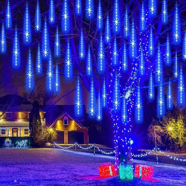 EAGWELL Blue Meteor Lights Outdoor, 20 inches 20 Tube 1080 LED Meteor Shower Rain Lights Waterproof Cascading Lights Falling Rain Lights for Garden Yard Porch Wedding Party Christmas Tree Decor