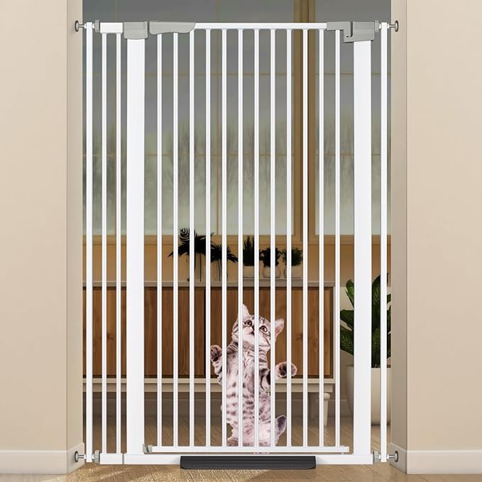 Extra Tall Cat Gate for Doorway, Auto Close Pet Gate Include and Extension Kits, No Drilling Pressure Mount Kit, Suitable for Doorways or Kitchen, New White