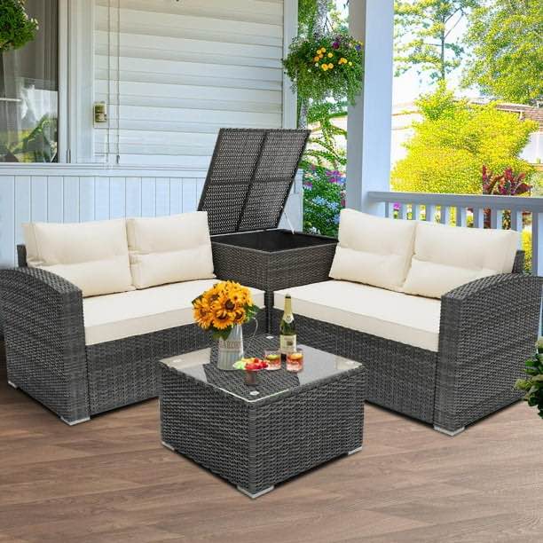 Rattan Patio Sofa Set, 4 Pieces Outdoor Sectional Furniture Set, All-Weather PE Rattan Wicker Patio Conversation Set, Cushioned Sofa Set with Glass Table & Storage Box for Patio Garden Poolside Deck