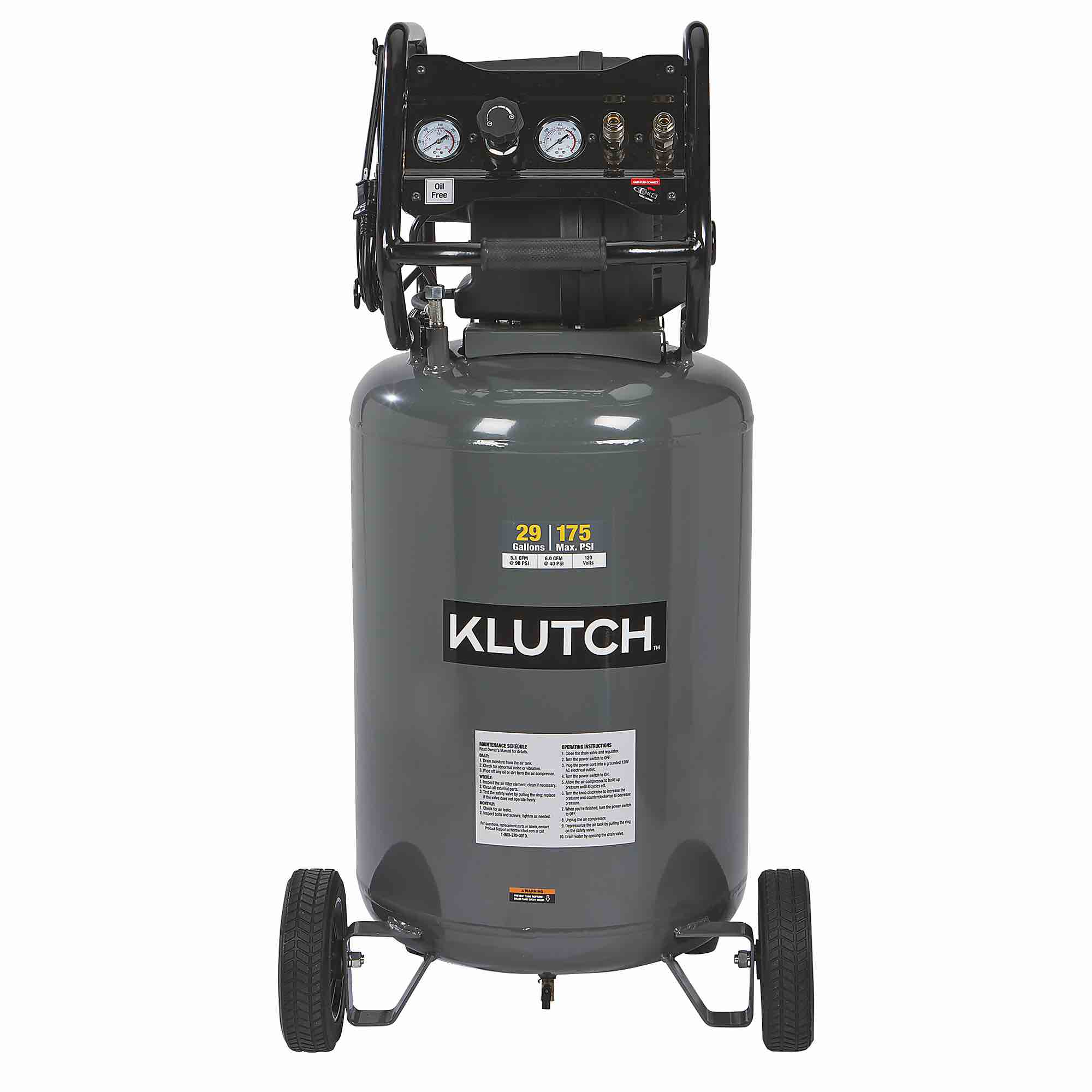 Klutch 29 gallons 175 psi compressor Klutch 29-Gallon Air Compressor, 2.5 HP, 120 Volts, 175 PSI(not tested)