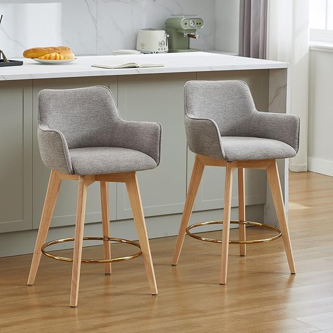 Swivel Linen Upholstered Bar Stools 26" Counter Height