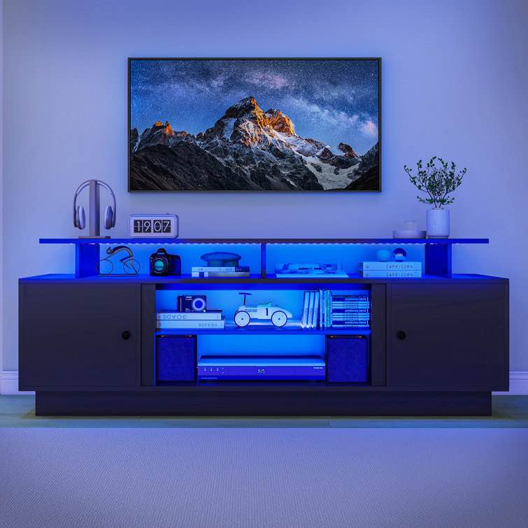 Modern 70"W TV Stand For TV Up to 80" With LED Light, Adjustable Shelves