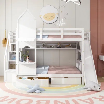  ( incomplete box 2 of 2 ) Twin Over Twin Bunk Bed With Slide and Storage Stairs