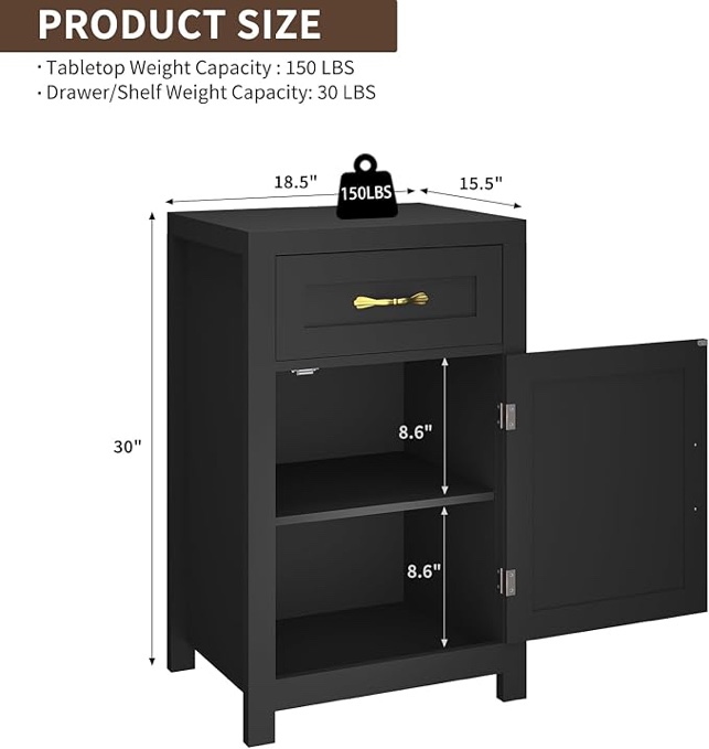 Farmhouse Night Stand Set of 2, 30” Rustic End Table with Drawer and Storage Cabinet, Wood Sofa Side Bedside Table with Adjustable Shelf for Living Room, Bedroom, Black